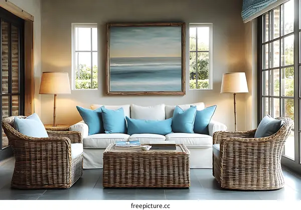 Coastal Living Room with Wicker Furniture