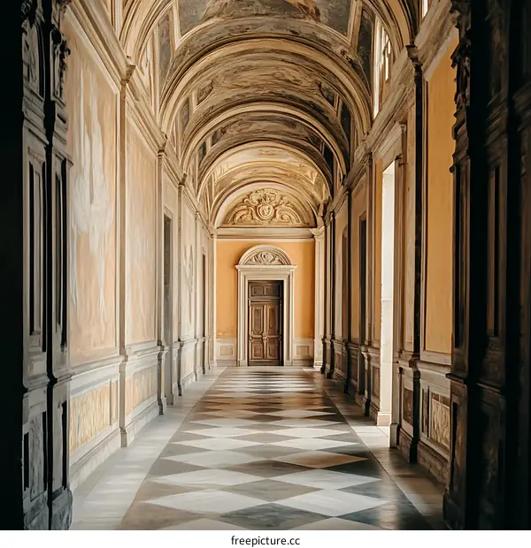 Arched Hallway with Checkered Floor and Golden Walls