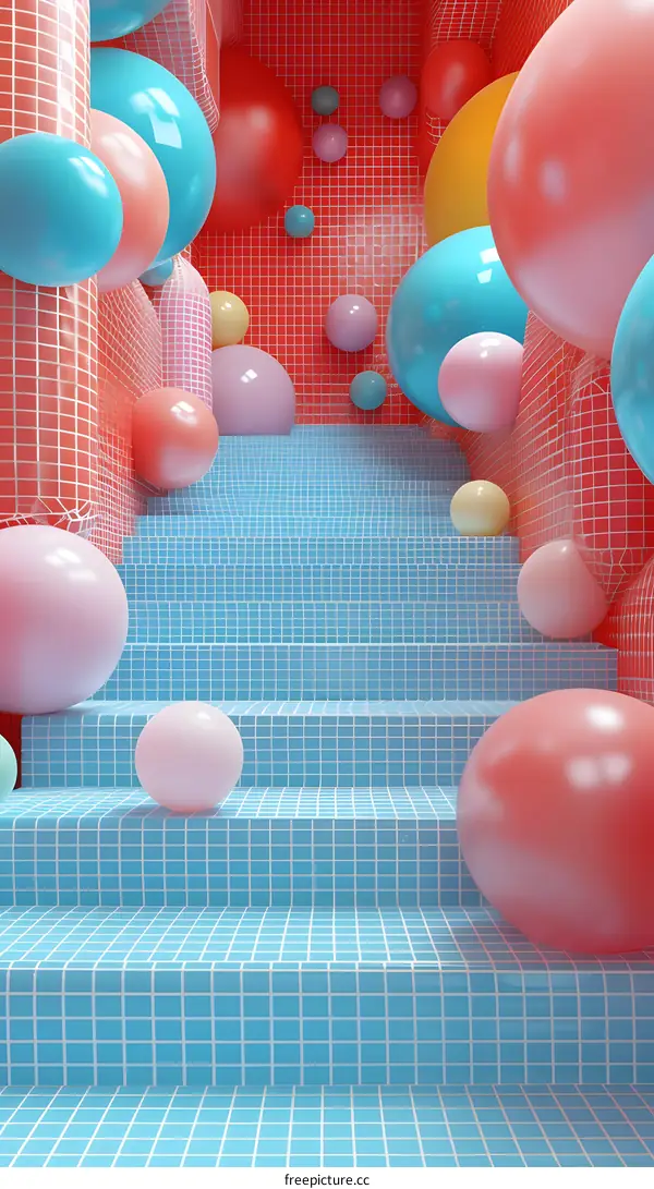 Pink and blue balls on stairs with red background