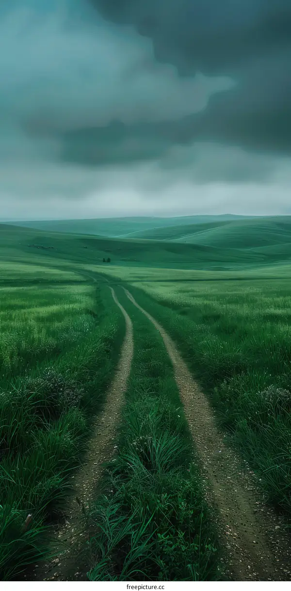 Countryside dirt road through a lush green grassy field