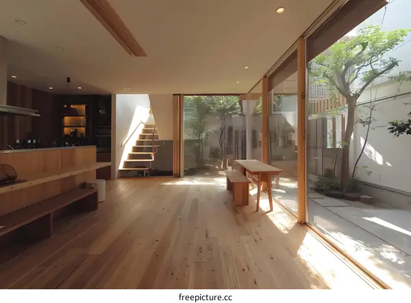 Modern Minimalist Wooden Interior Design With Large Windows Overlooking A Courtyard