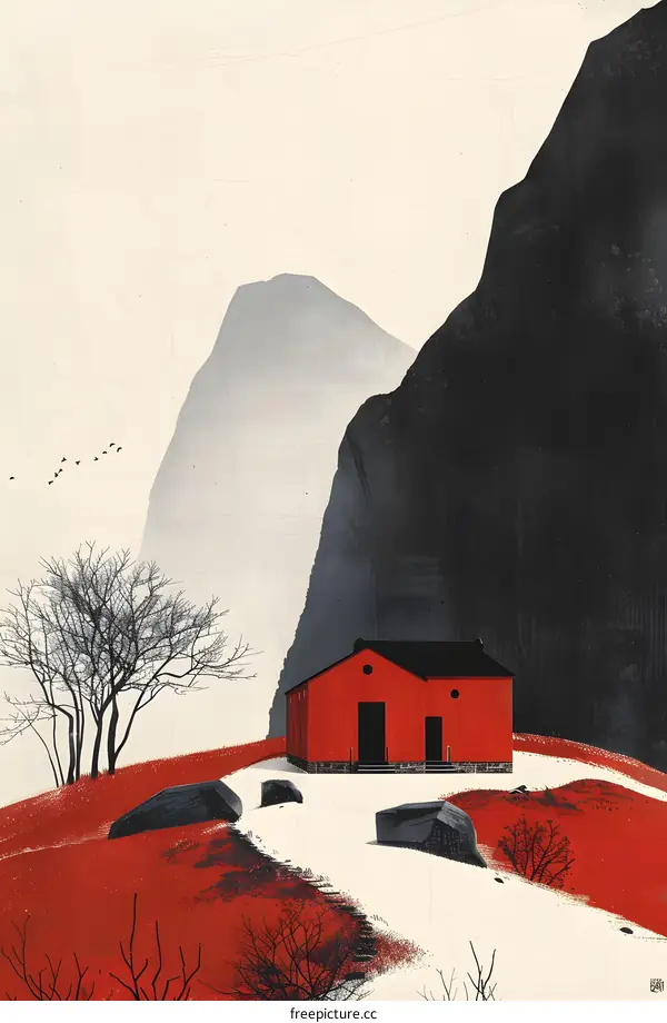 red house in front of mountains