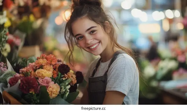 Young Woman Florist Smiles at Camera among Flowers