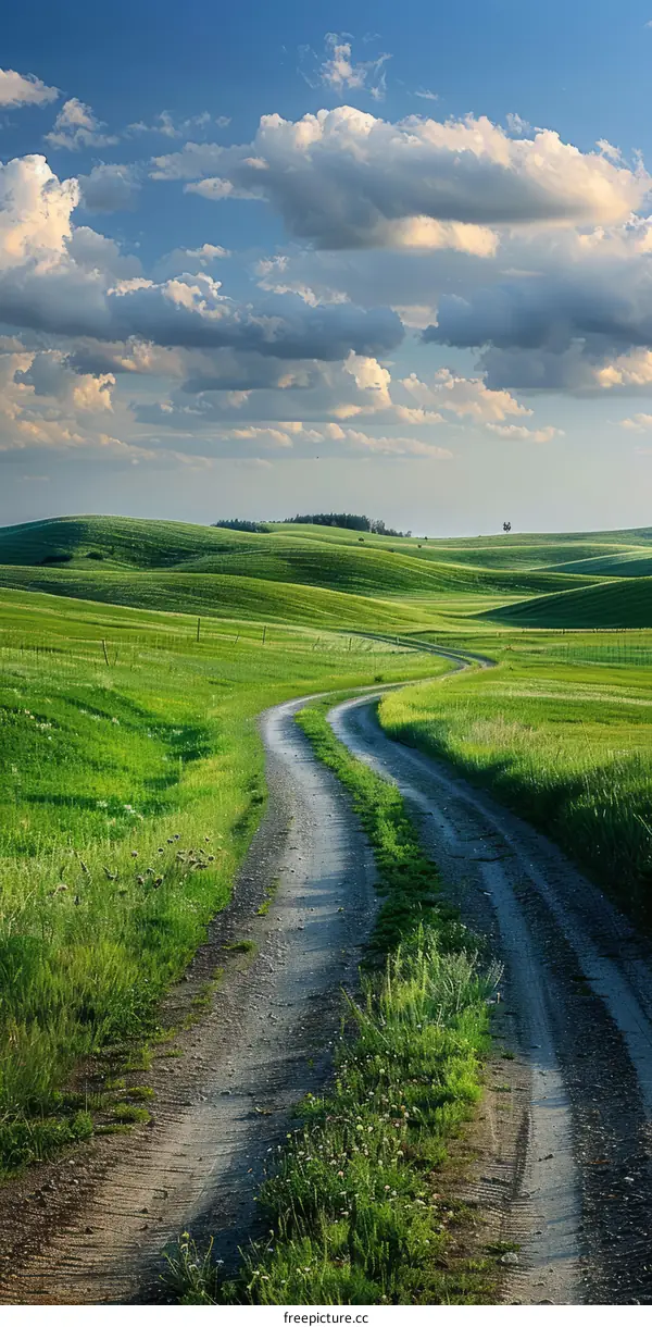 Scenic view of a rural road passing through a lush green field