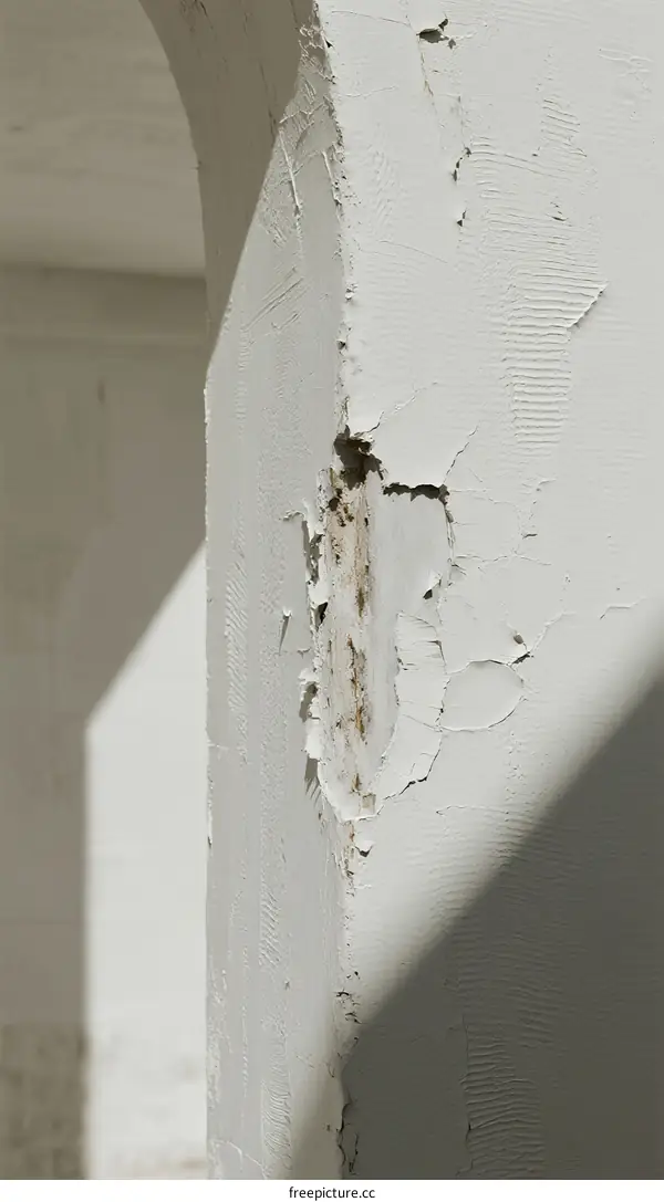 Close-up of Peeling Paint on White Wall with Arched Corner
