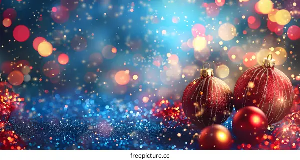 Red and gold Christmas ornaments on blue sparkly background