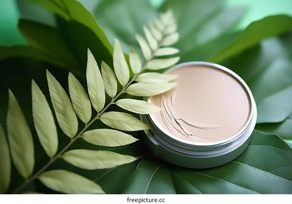 Close-up of cosmetic cream with green leaves