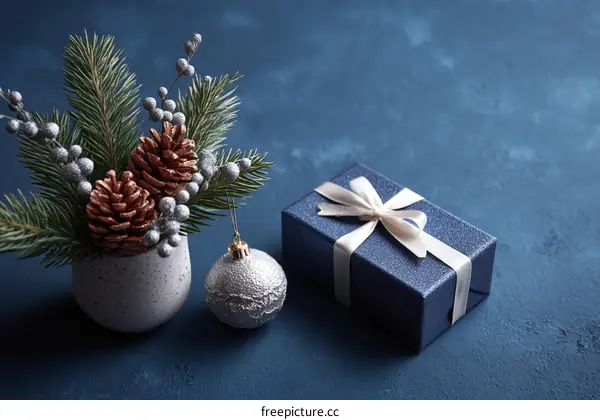 Christmas Gift Decoration Arrangement on Blue Background