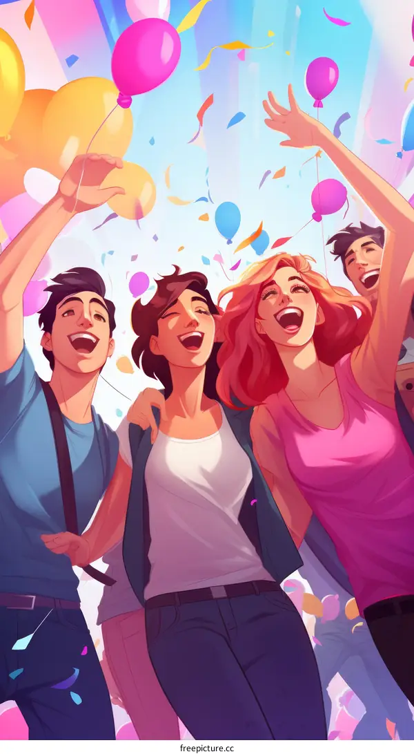 Four people celebrating with balloons in the air