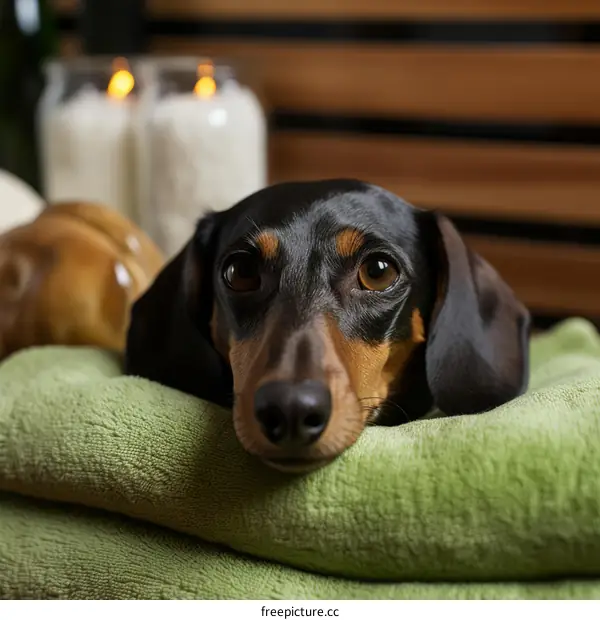 A dachshund puppy lying on a green towel