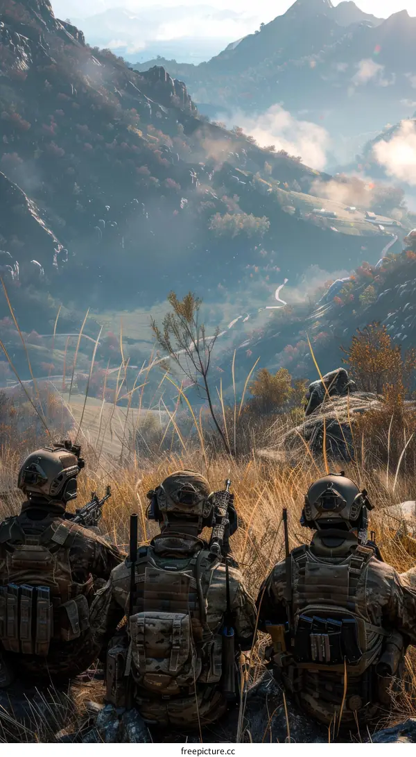 Three soldiers in a valley looking at a mountain range