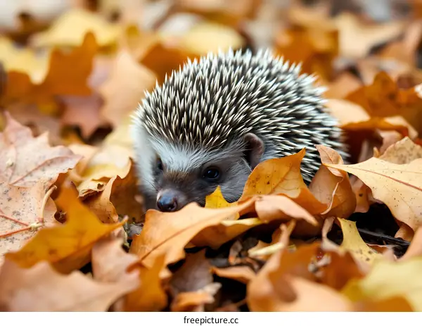 Hedgehog Hiding in Autumn Leaves