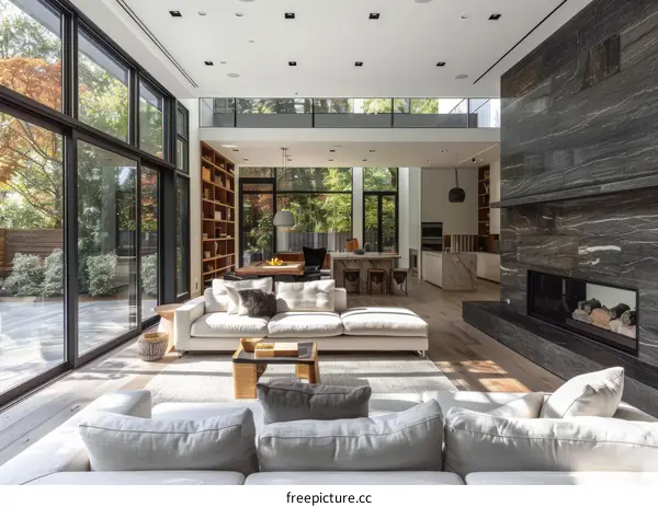 Bright airy modern living room with bookshelves and fireplace