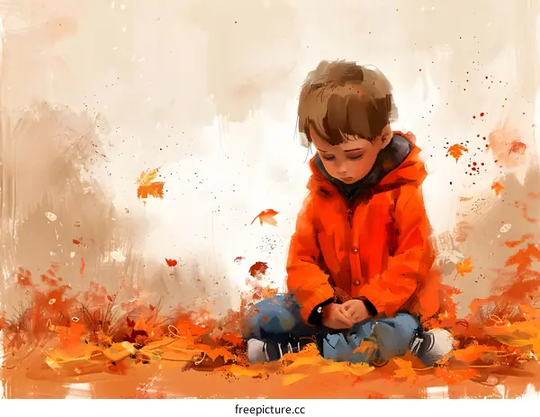 Little Boy Kneeling in a Pile of Autumn Leaves