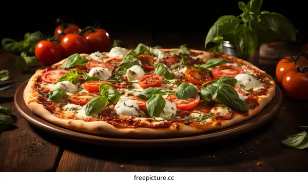 A delicious pizza with fresh tomatoes, mozzarella cheese, and basil.