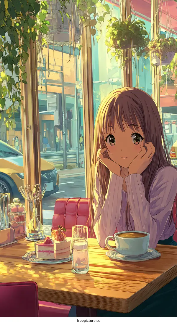 A girl enjoying coffee and cake in a cafe illustration