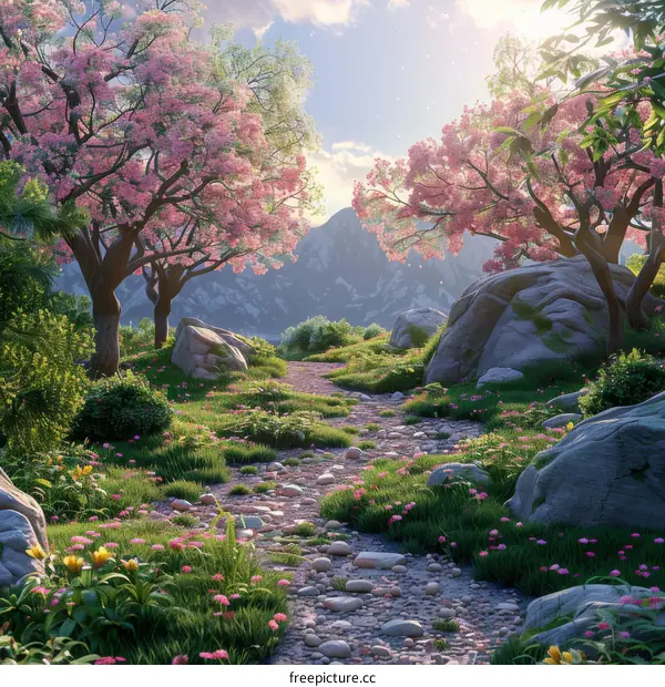 Enchanting Spring Landscape with Path and Mountains