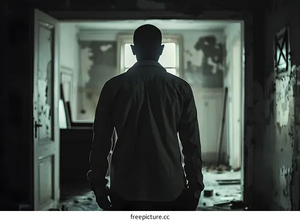 man in doorway of abandoned building