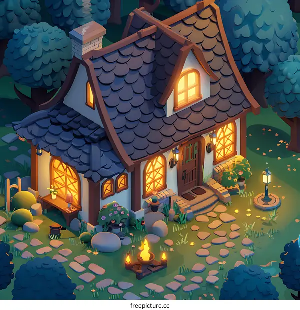Cozy Cottage in the Woods at Night