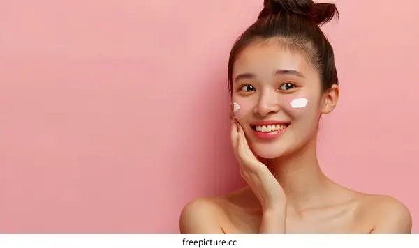 Smiling Asian Woman Applying Skincare
