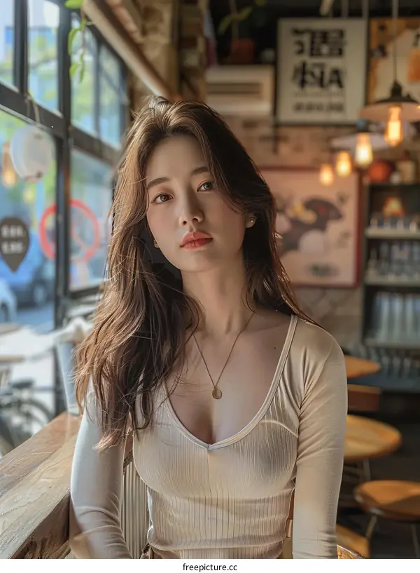 A beautiful young Asian woman with long brown hair is sitting in a restaurant.