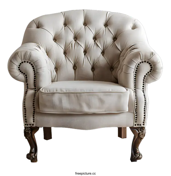 [Transparent Background PNG]Elegant Beige Tufted Armchair with Wooden Legs