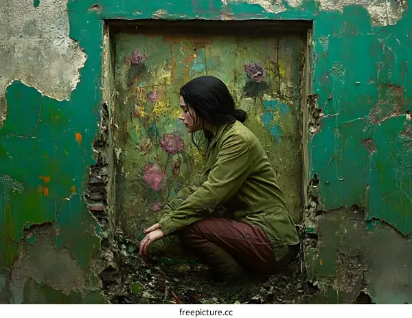 Woman Sitting by a Wall with Flowers Painted on It