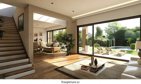 Stairway to the living room with a large glass window