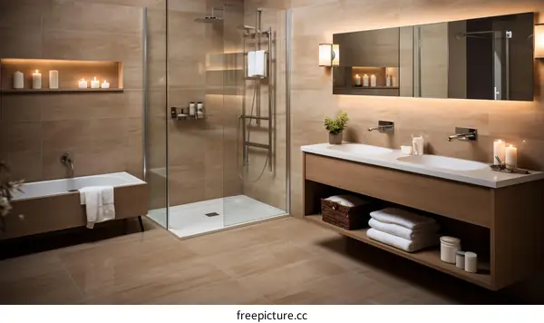 Bathroom interior with ceramic tiles, bathtub and shower area