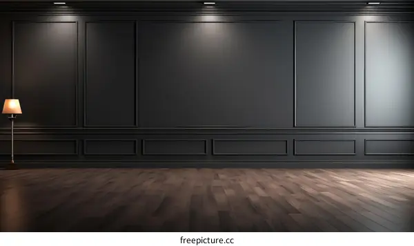 Dark wood wall panelling with spotlight and wood floor