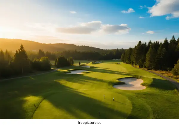 Beautiful golf course with green fairways and sand traps under a sunny sky