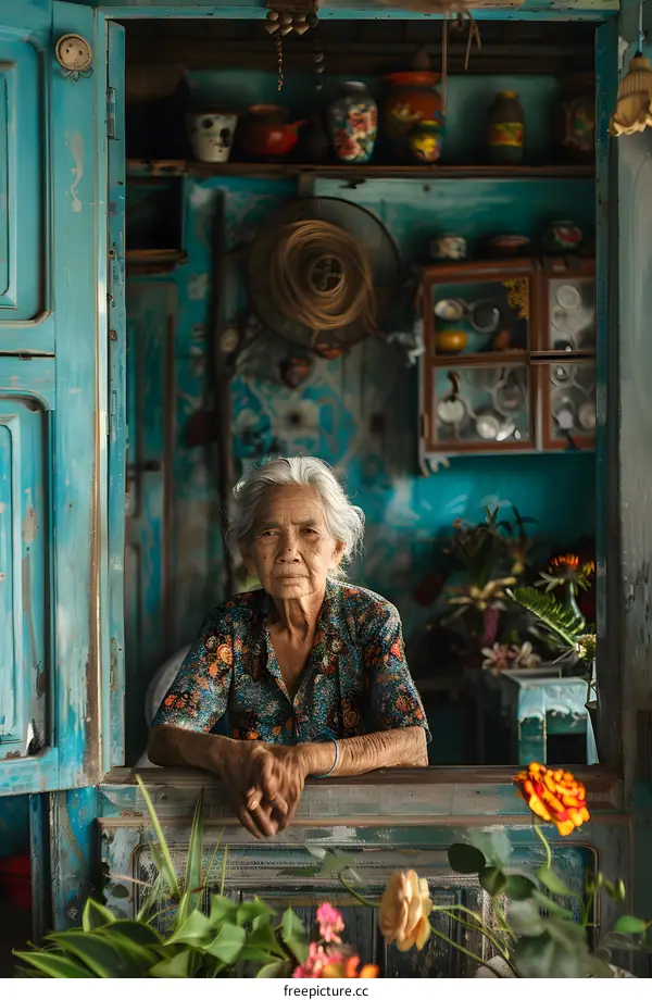 portrait of an old woman in a blue room