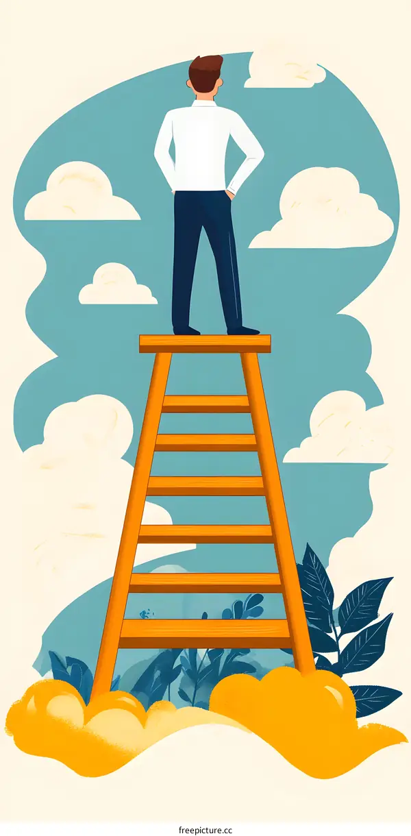Man Standing On Ladder Looking Up At Clouds