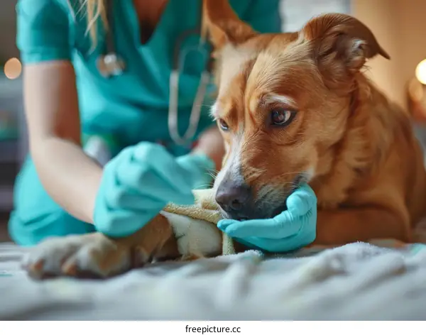 Close-up Of A Veterinarian Examining A Dog's Paw