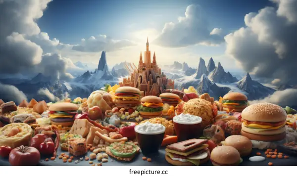 A feast of fast food in front of a fantasy castle