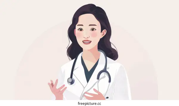 A female doctor in a white coat is talking