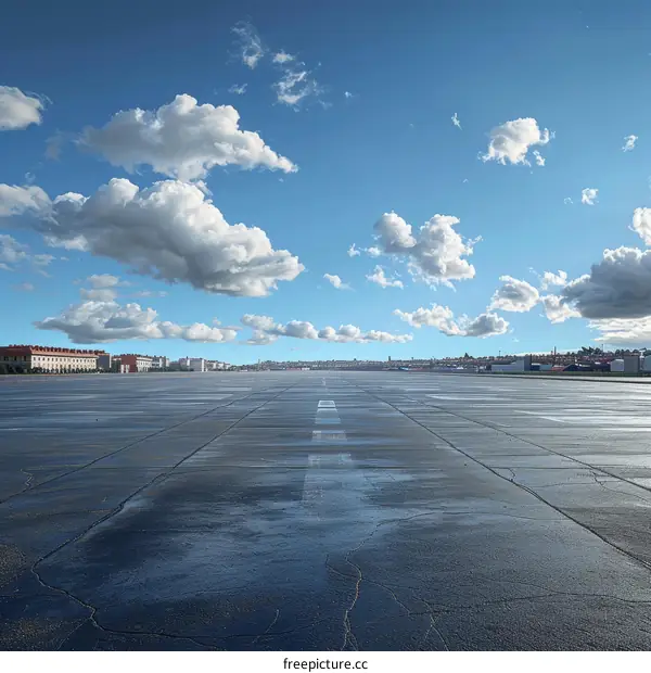 Empty Airport Runway Under a Blue Sky with White Clouds