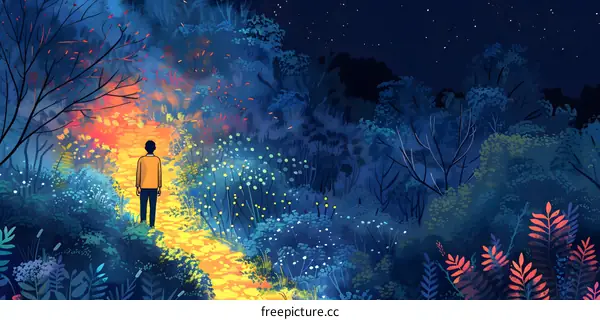 man walking through a forest at night