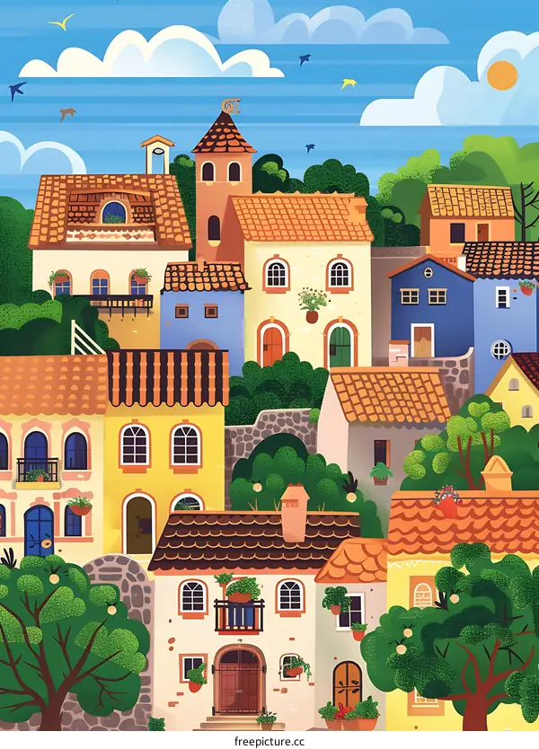 Colorful Houses in a European Village Illustration