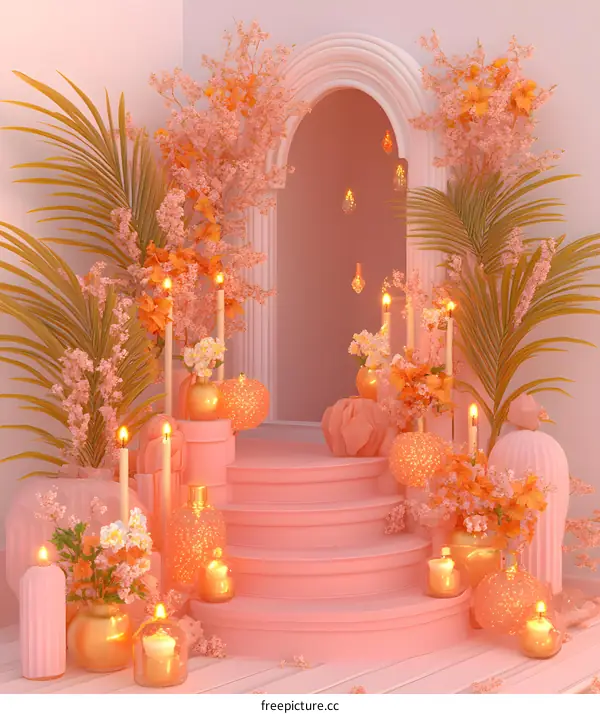 Pink and Orange Aesthetic Background with Flowers and Candles