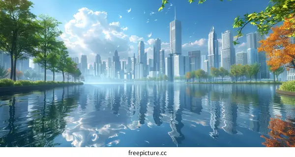 Futuristic Cityscape by a Calm Lake