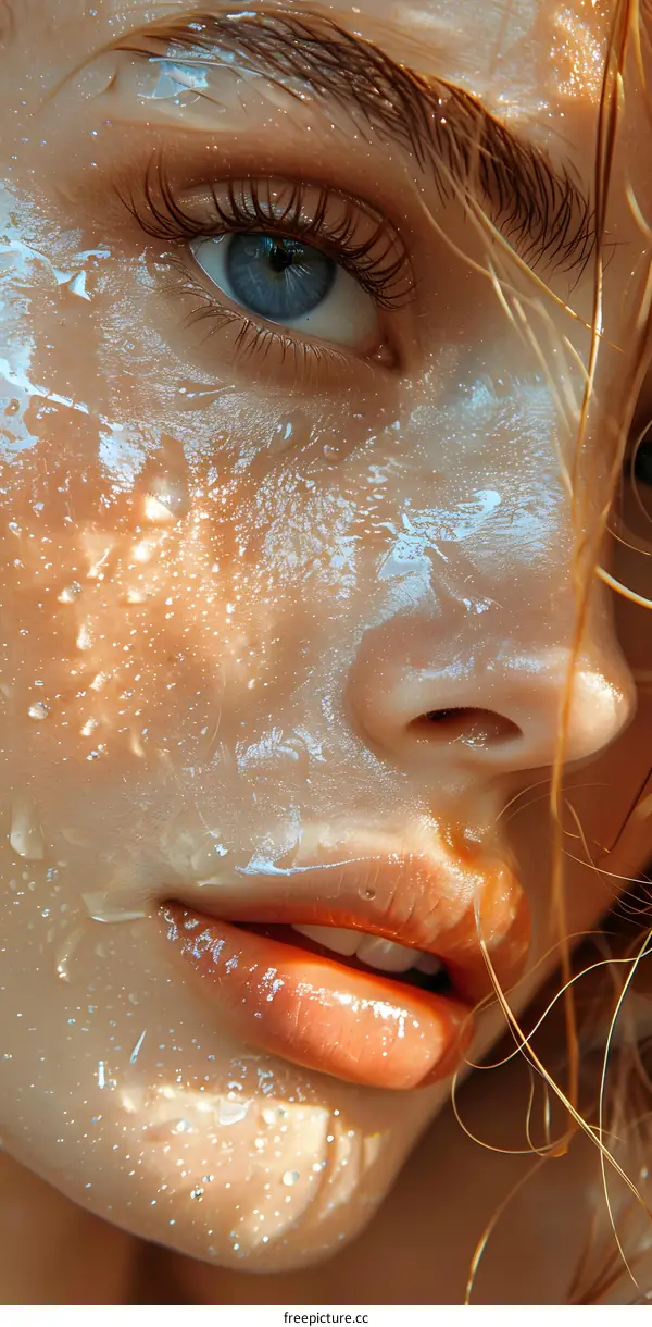 Close-up portrait of a young woman with water on her face