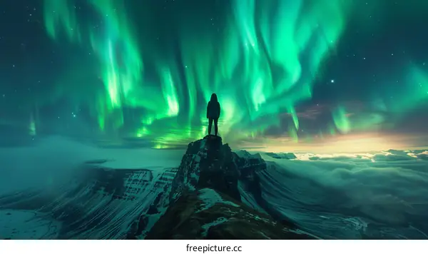 Aurora borealis landscape with a person standing on a mountaintop