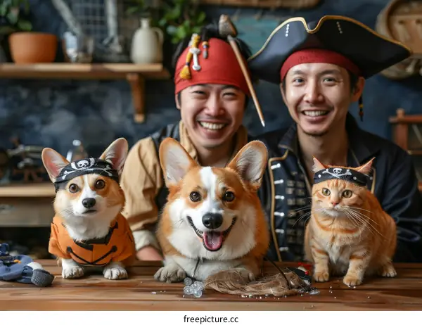 Two men and two pets in pirate costumes