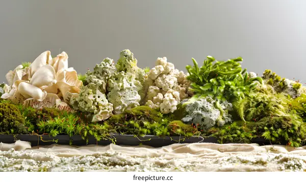 Green Moss And White Mushrooms On Black Tray