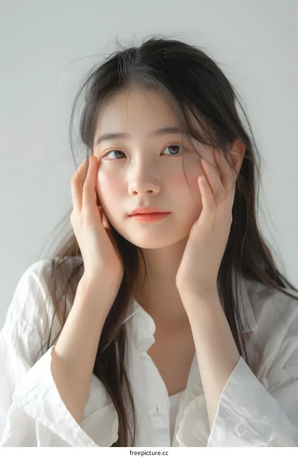 Young Asian Woman with Long Black Hair in White Shirt