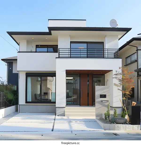 Modern Two Story House Exterior with White Walls and Black Accents