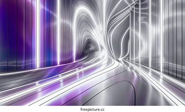 Futuristic tunnel with glowing purple neon lights