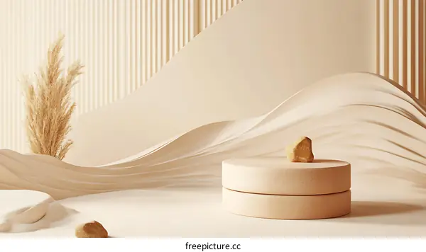 Abstract Minimalist Beige Background with Stacked Circular Platforms and Pampas Grass