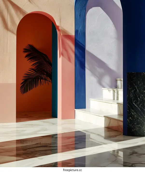 Colorful Archways Interior Design with Marble Floor and Palm Leaf